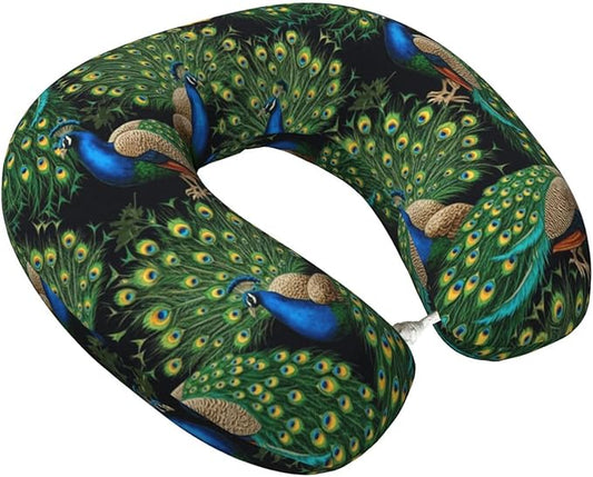 Travel Neck Pillows for Sleeping Rest Car Airplanes Peacock Art, Memory Foam with Removable Breathable Zipper Cover Washable for Men Women