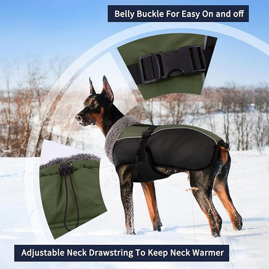 IECOii Dog Winter Coat Reflective Adjustable Dog Jacket Dog Coat with Buckle Fleece Turtleneck for Cold Weather Soft Winter Coat for Small Medium Extra Large Dogs, Army Green