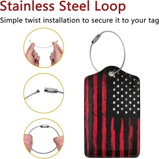 2 Pack Luggage Tags for Suitcase, Privacy Cover ID Label with Stainless Steel and Address Card for Travel Bag Backpack Cruise Ship Essentials Tag Women Men - Black Red American Flag