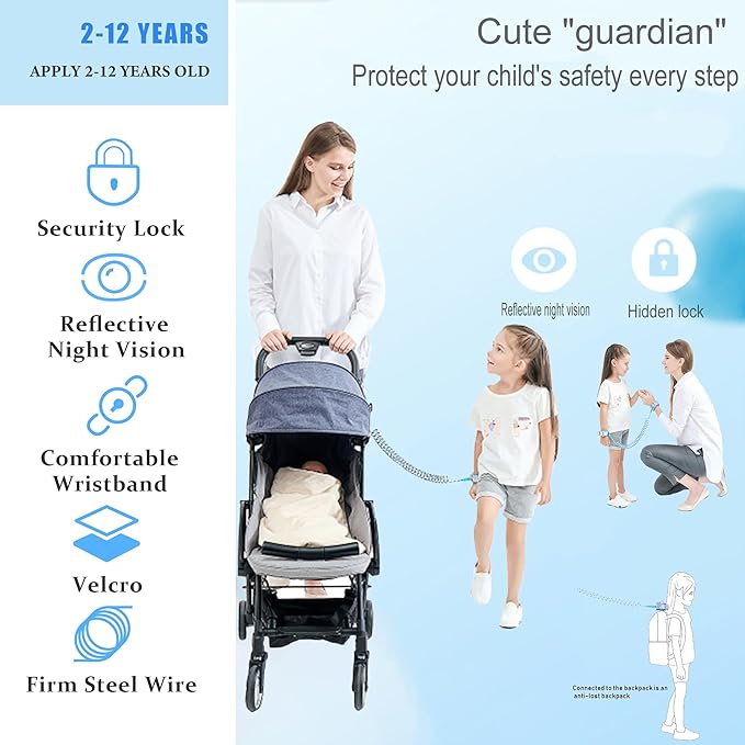 Anti-Lost Wrist Link, Blue Reflective Anti-Lost Wrist Chain with Child Lock 6.56 feet.