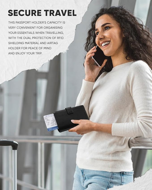 VULKIT Passport Holder with Airtag Holder RFID Blocking Passport Wallet Travel Leather Passport for Women(Iron Black)