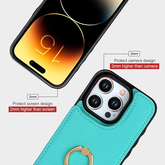 Folosu Compatible with iPhone 15 Pro Case Wallet with Card Holder, 360°Rotation Finger Ring Holder Kickstand, RFID Blocking Leather Protective Double Buttons Shockproof Cover 6.1 Inch Green