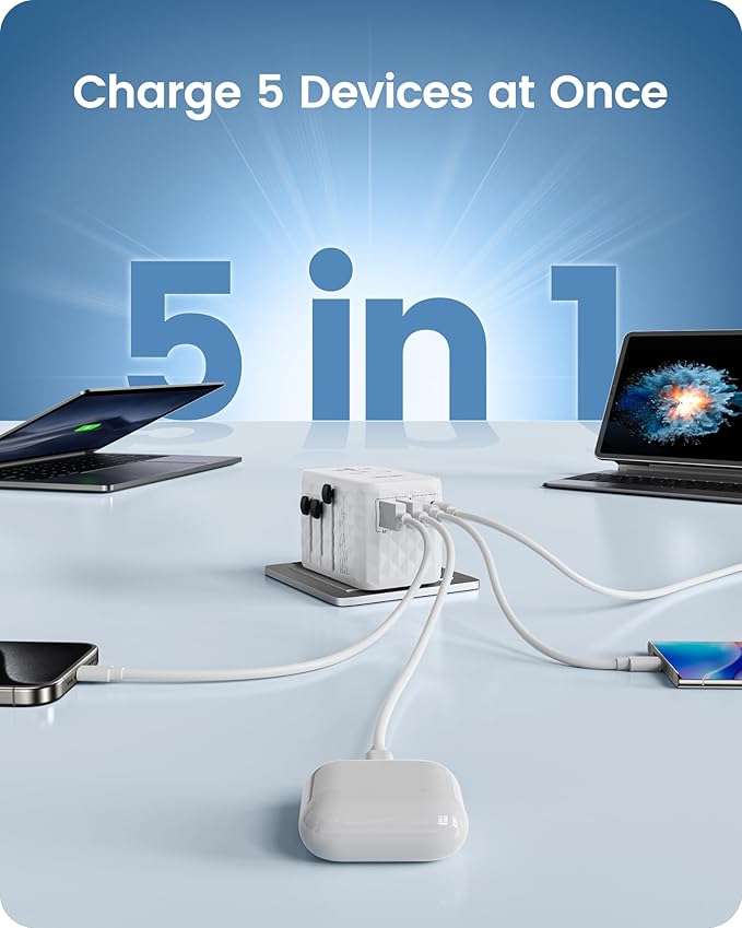 LENCENT 65W Universal Travel Adapter, GaN International Fast Charger 2 USB-A & 2 USB-C Power Plug Converter, Power Outlet Adapter for Phones,Laptops, All in One Travel Essentials for EU/USA/UK/AU