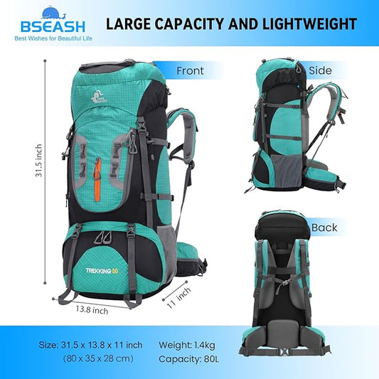 Bseash 80L Waterproof Hiking Camping Backpack with Rain Cover, Lightweight Outdoor Sport Travel Daypack for Climbing Touring (Lake Green)