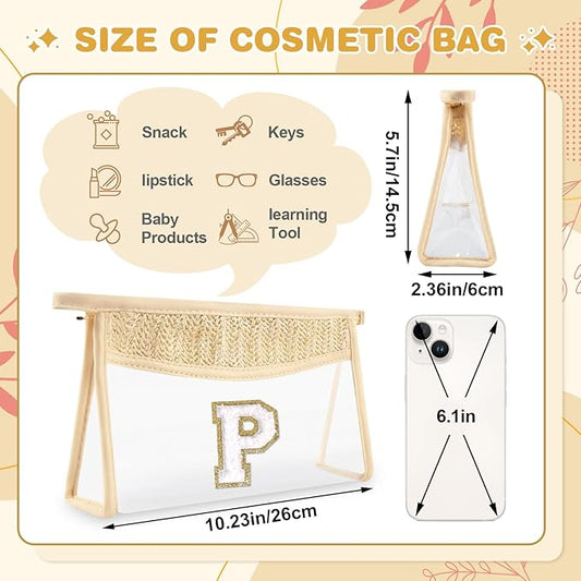 Personalized Initial Letter Bag Boho Straw Clear Makeup Bag,Small Cute Chenille Varsity Letter Pouch With Zipper,Beach Travel Toiletry,Portable Monogrammed Cosmetic Bag for Women Girls,P