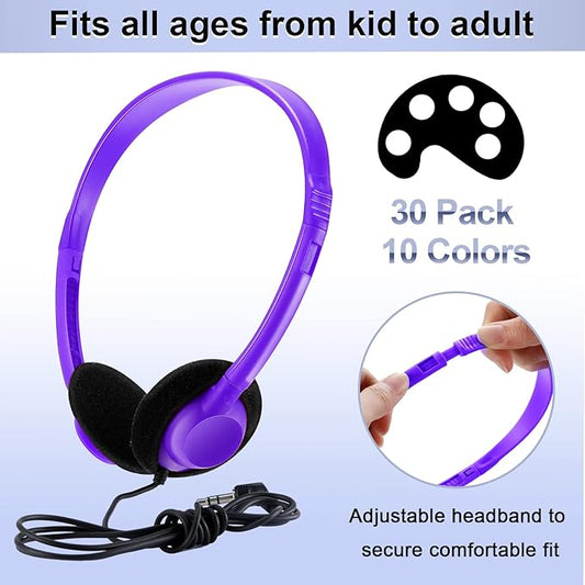 Yunsailing 30 Pack Bulk Headphones Set Over Ear Headphones with Adjustable Headband 3.5mm Plug Headsets Earphones for Learning Program, Computer Lab, Library, Testing & Multimedia Use (Multicolor)