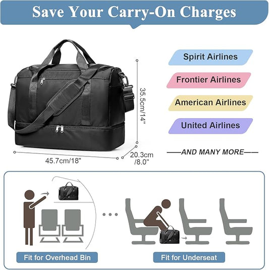 Travel Duffel Bag for Women, Carry-on Overnight Weekender Bags with Wet Pocket, For Spirit Airlines 18x14x8 Personal Item Bag,Small,Black