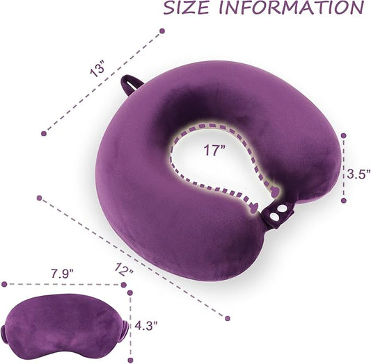 Sexysamba Pure Memory Foam Travel Pillow Set for Adults - Comfortable & Removable Machine Washable Cover, Neck Support Pillow Airplane Travel Kit with Eye Mask for Portable Plane Accessories - Purple