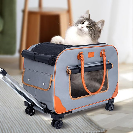 Large Cat Carrier with Wheels Pet Dog Rolling Carriers for Extra Large Cat Carrier Small Bag Small Dogs Up to 38 Lbs 24"X 13.8"X 15.4" Double Trolley Case Travel Walking and Camping(NOT for TSA)