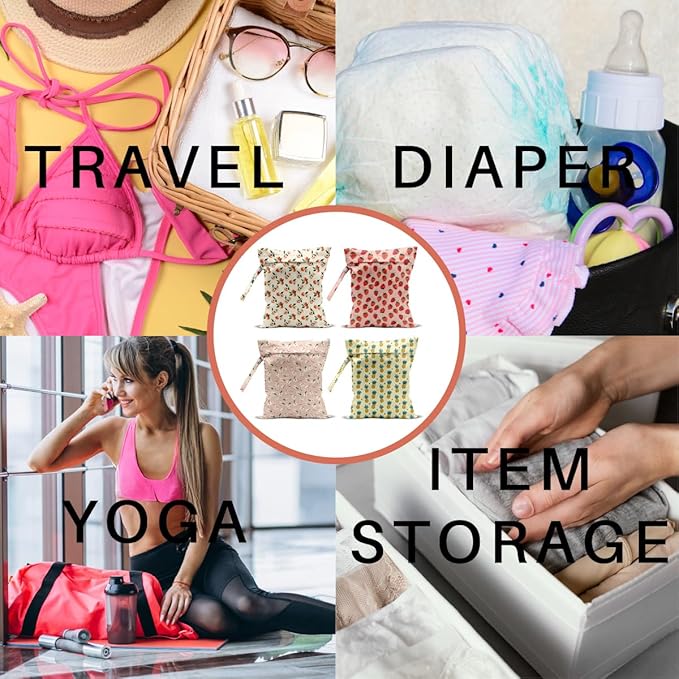 4 Pack Cute Fruit Wet Bag Waterproof Washable Reusable Wet Dry Bag for Swimsuit Clothes Cloth Diaper Travel Beach Pool Yoga Gym Toiletries Travel Beach Essentials Strawberry Pineapples