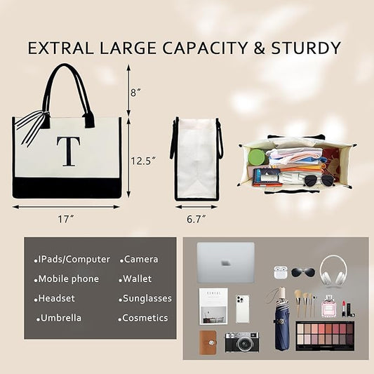 BeeGreen Embroidery Monogram Initial Tote Bag for Women Teacher Mom Friend Personalized Gift for Birthday Beach Work Wedding