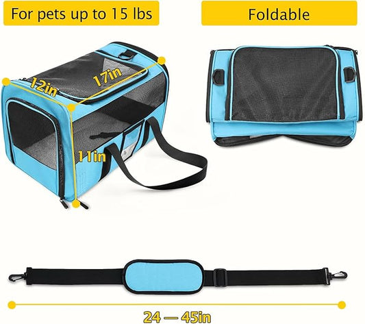 Refrze Pet Carrier Airline Approved, Cat Carriers for Medium Cats Small Cats, Soft Dog Carriers for Small Medium Dogs, TSA Approved Pet Carrier for Cat Dogs of 15 Lbs, Puppy Carrier,Blue