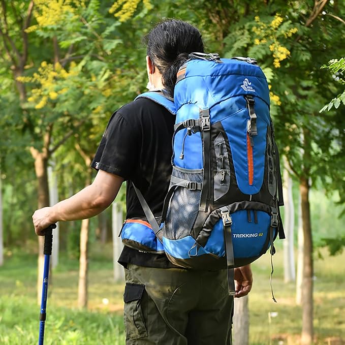 Bseash 60L Hiking Camping Backpack with Rain Cover, Waterproof Large Capacity Outdoor Sport Travel Daypack Climbing Touring (Light Blue)