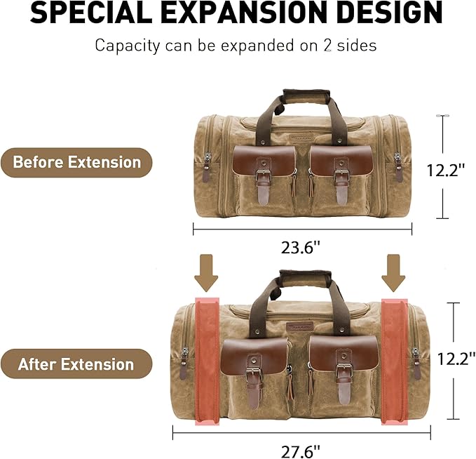 Wildroad Waxed Canvas Duffle Bag - 60L Waterproof Weekender Overnight Travel Bag