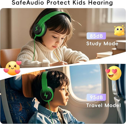 Kids Headphones, Wired Headphones for Kids Over Ear with Microphone, 85/94dB Volume Limiter Headphone for Girls Boys, Foldable Headphone for Learning & Entertainment, Black and Green