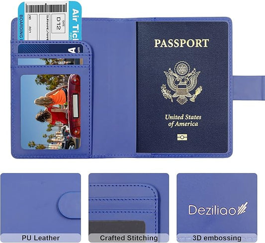 Deziliao Passport Wallet, Blue, Unisex, Faux Leather, Waterproof, Rfid Blocking, Slim, Lightweight, 20 Inch