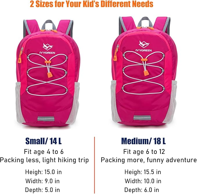 IVYGREEN Little Kids Hiking Backpack for Boys or Girls, Small Daypack for Camping or Travel (Rose, Medium)