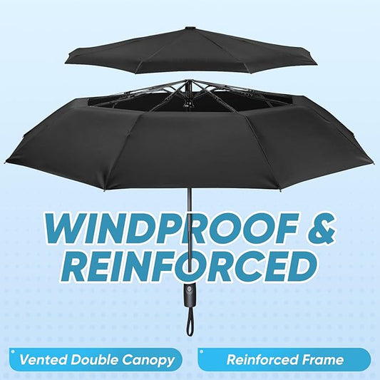 PTEROMY Windproof Compact Travel Umbrellas for Rain and Sun, Withstands 85MPH Winds Auto Open Close Folding Umbrella with Ergonomic Handle, Quick Dry Canopy for Commuting or Backpack