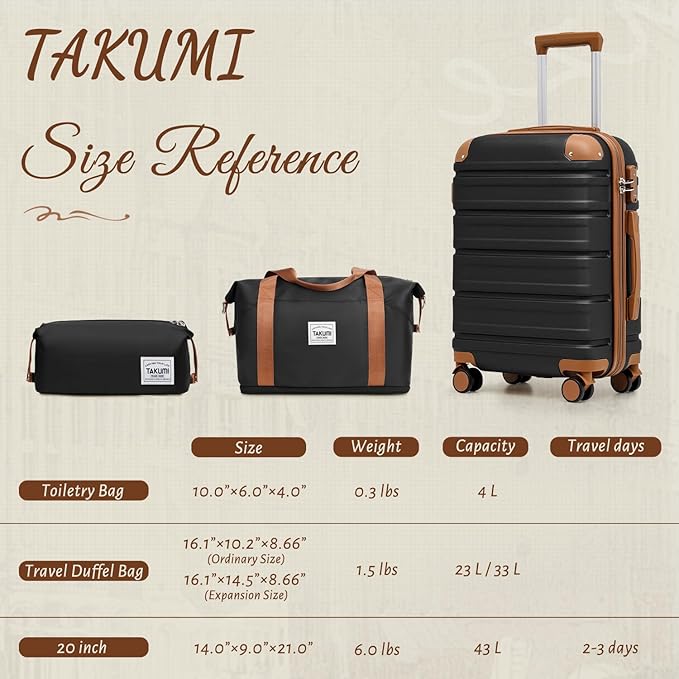 TAKUMI Carry On Luggage Set 3 Piece ABS+PC Hardshell Suitcases with Duffel Bag Double Spinner Wheels Travel Luggage with TSA Lock Lightweight Suitcase Set(BLACK BROWN, 3 PIECE SET(20/DB/TB))