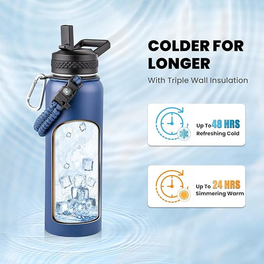 Insulated Water Bottle 40 oz, Triple Wall Vacuum Stainless Steel (Cold for 48 Hrs), Leak Proof & Non-BPA, Modern Water Flask Jug with Paracord Handle & Straw Spout Lids, Navy Blue