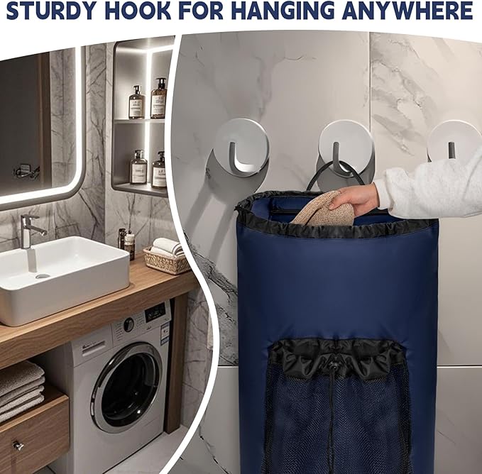 Laundry Bag Backpack with Shoulder Straps and Mesh Pocket Foldable Clothes Hamper Bag with Drawstring Closure for College, Apartment, Laundromat (Dark Blue)