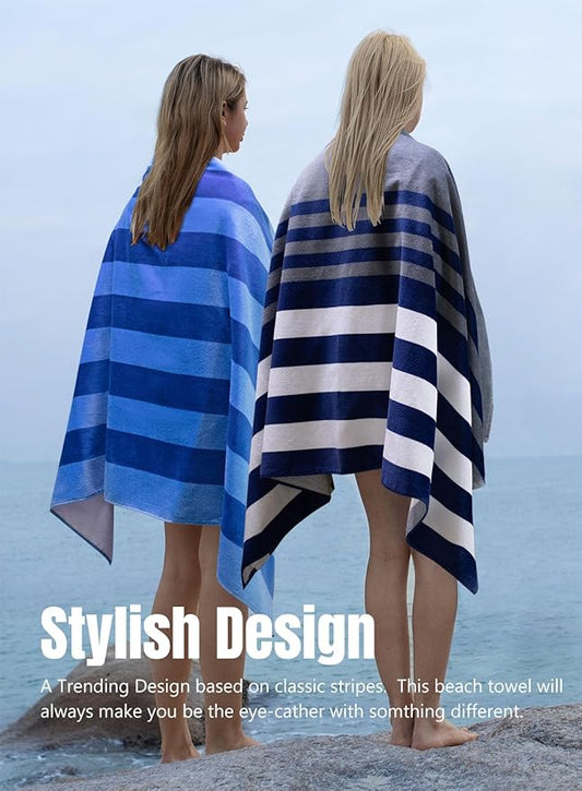 cabanana Large Beach Towel Oversized - Cotton Velour 35 x 70 Inch Blue Striped Terry Pool Towel, Cabana Soft Swimming Towel for Adults Women Men (Blue)