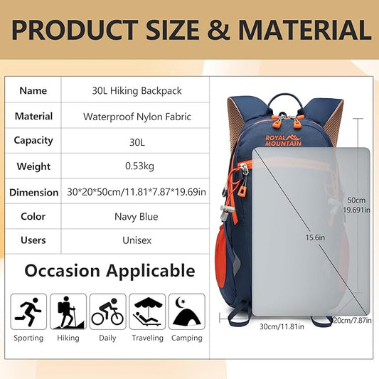 Hiking Backpack With Rain-cover, 30L Travel Backpacks For Women Men, Camping Daypack Backpacks Lightweight, Durable Hiking Backpack Fit For Camping, Daily Commuting, Short Trips (Navy Blue)