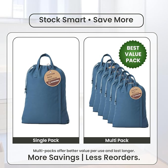 LFH Home Large Premium Cotton Canvas Laundry Bag with Drawstring and Handles Heavy Duty, Multi-Use, and Washable for Home, Travel, College or Storage 28x36 (Pack of 4)-Sky Blue