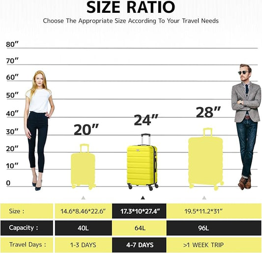 AnyZip Luggage PC ABS Hardside Lightweight Suitcase with 4 Universal Wheels TSA Lock Checked-Medium 24 Inch Yellow