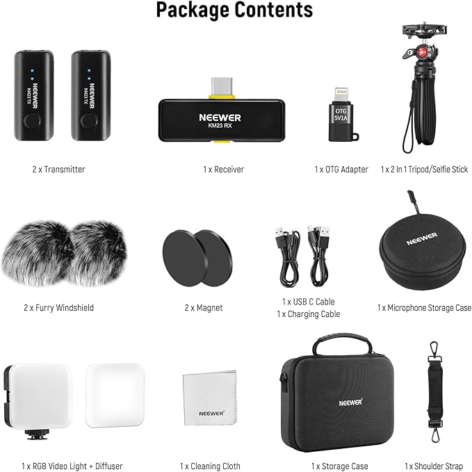 NEEWER PA048 Vlogging Kit for iPhone Android Podcast YouTube with RGB LED Light/KM23 Wireless Microphone System/Selfie Stick Phone Tripod/Cleaning Cloth, Content Creator Essentials