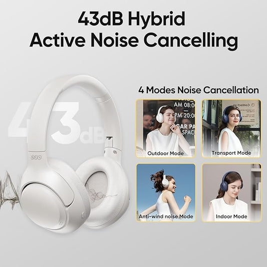 QCY H3 ANC Bluetooth Headphones Over Ear, Active Noise Cancelling Bluetooth 5.4 Headphones with Microphones, Hi-Res Audio Sound, Multipoint Connection, 60H Playback, Custom EQ via App(White)