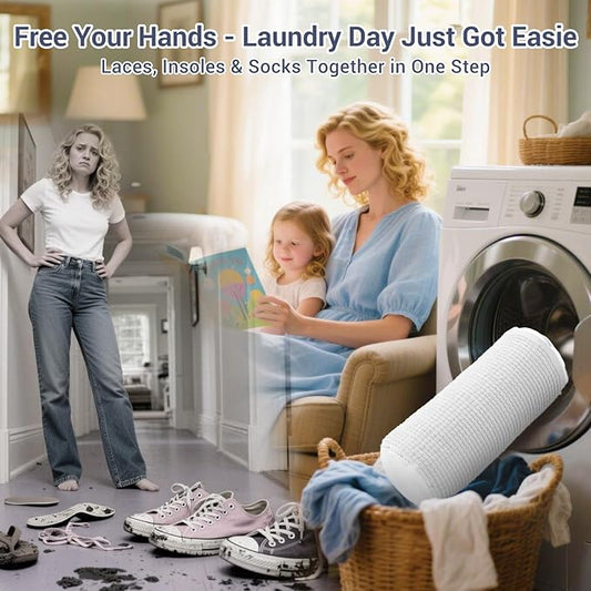 Shoe Washing Machine Bag with 2 Pockets - Wash Laces, Insoles & Socks All-in-One Shoe Laundry Bag for Washer & Dryer, Reusable Sneaker Cleaner Bag for Home Dorm Travel (2Pcs White)
