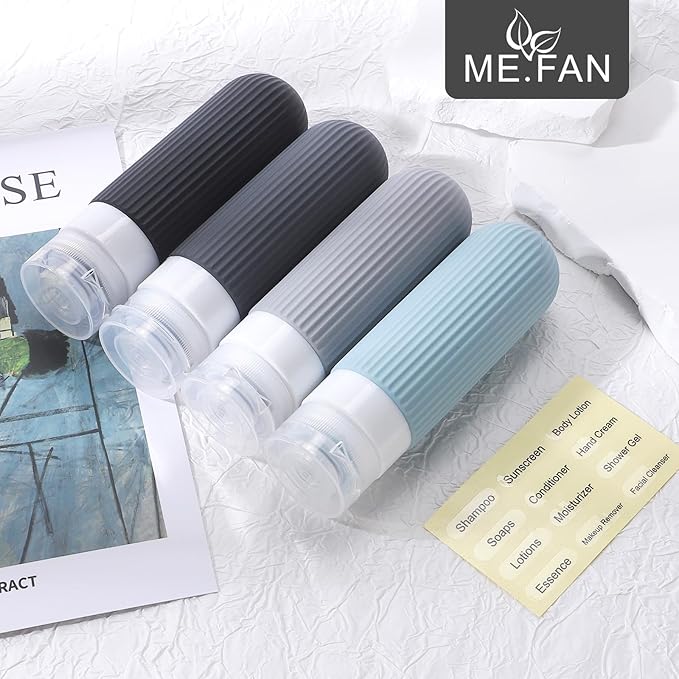 ME.FAN Travel Bottles for Toiletries, TSA Approved 3oz Silicone Journey Size Containers, Portable Split Bottle for Conditioner, Shampoo, Lotion- 4 Pack Grey