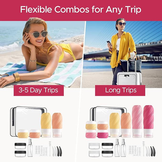 LitBear 23 Pack TSA Approved Travel Bottles for Toiletries, Leak Proof Refillable Travel Size Containers Kit with Silicone Squeezable Bottles Jars for Shampoo Lotion Conditioner, in Clear Bag, Pink