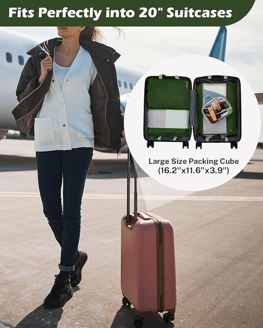 Gonex 8 Set Compression Packing Cubes for Travel, Expandable Mesh Packing Organizer for Travel Accessories Essentials with Toiletry Bag, Laundry Bag, Shoe Bag, Cable Bag for Carry On, Deep Green