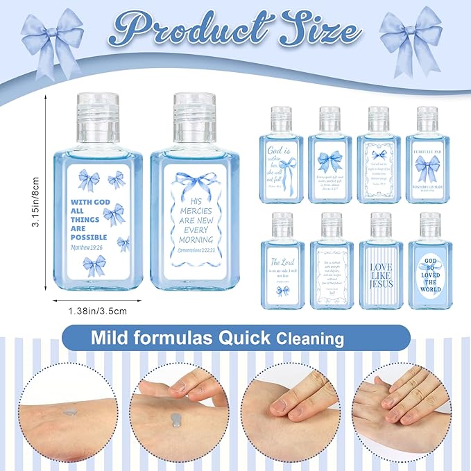 50 Pcs Christian Mini Hand Sanitizer Bulk Coquette Bible Verse Hand Sanitizer Blue Bow Religious Inspirational Favors 1fl oz Travel Size Hand Soap Gift for Christmas Christian Party Supplies