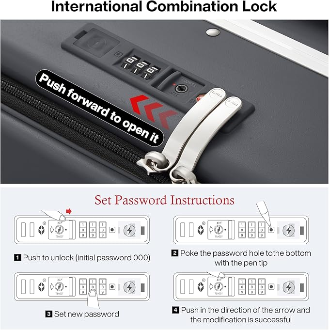 mixi Checked Luggage with Cup Phone Holder and Charger Hard Shell Suitcases with Spinner Wheels, 24 Inch Rock Gray