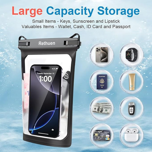 Large Waterproof Phone Pouch, 2Pack Floating Waterproof Bag for iPhone 17 16 15 14 13 Pro Max Galaxy S24 S23 S22 All Phones, Cell Phone Dry Bag for Beach Swimming Rafting Boating (Black + Black)