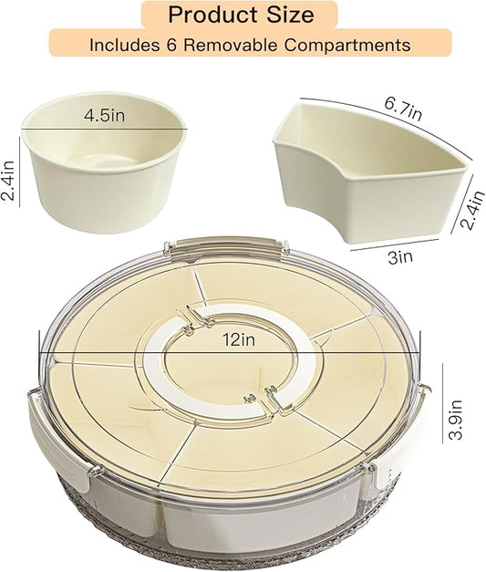 Rotating Divided Serving Tray with Lid and Handle,6 Compartments Snackle Box Container,12" Large Snack Spinner Lazy Susan,Snack Box Organizer Veggie Tray Fruit Platter Charcuterie Container Platterbox