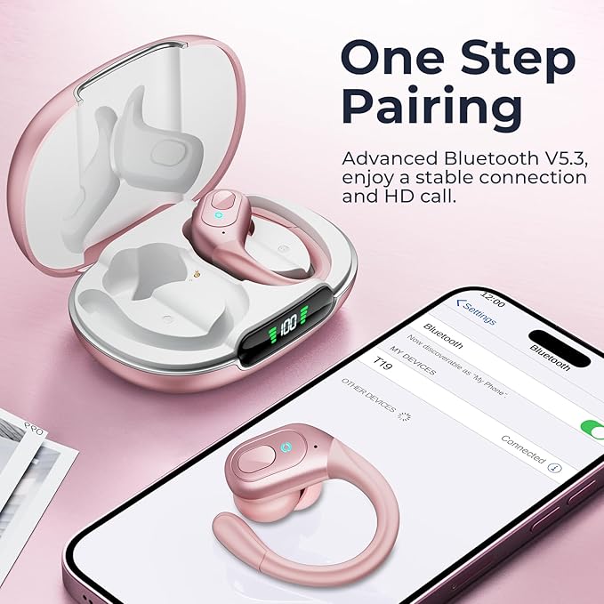 occiam Active Noise Cancelling Ear Buds Bluetooth Headphones Wireless Earbuds 90Hrs Playback Stereo Bass Earphones with Over-Ear Hooks IPX7 Waterproof Earbud for Sports Running Gym Workout Rose Gold