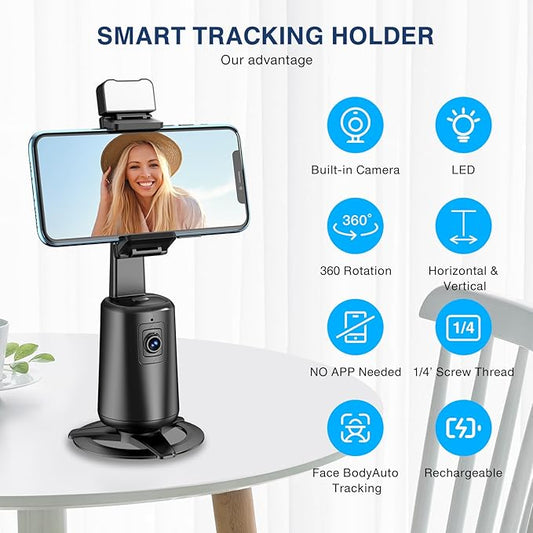 Auto Face Tracking Tripod 360° Rotating Cell Phone Photo and Video Kits Stand, No App, Camera Stand with Remote and Gesture Control, Rechargeable Smart Shooting Stand for Live Recording Tiktokļ¼Blackļ¼