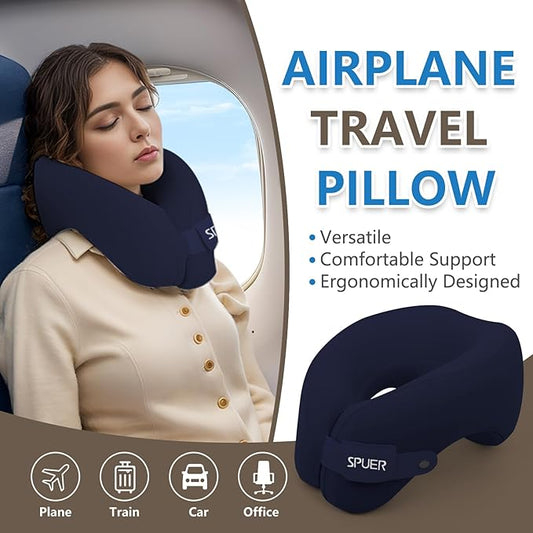 2in1 Ergonomic Memory Foam Travel Neck Pillow – 2025 Upgrade Travel Pillow for All Sleep Positions on Flights, Road Trips, and Long Distance Travel with Drawstring Bag (Adjustable - Navy Blue)