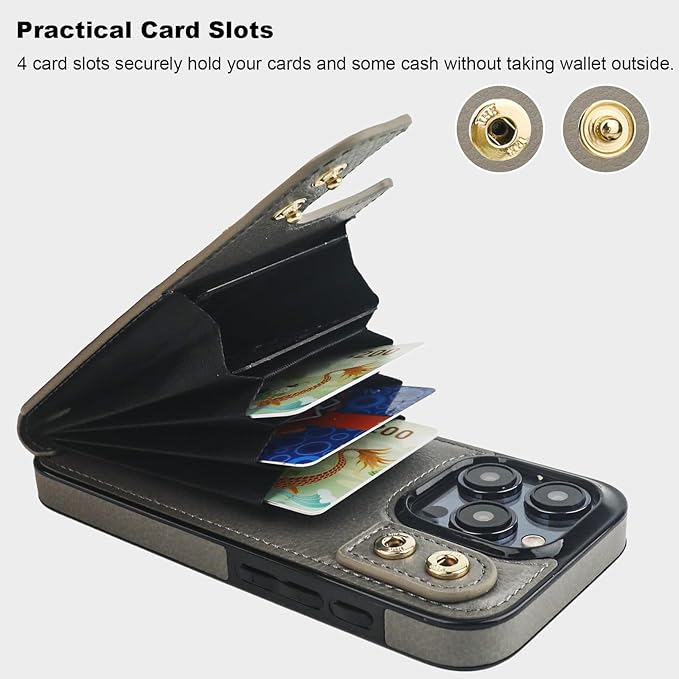 Folosu Compatible with iPhone 15 Pro Case Wallet with Card Holder, 360°Rotation Finger Ring Holder Kickstand, RFID Blocking Leather Protective Double Buttons Shockproof Cover 6.1 Inch Gray