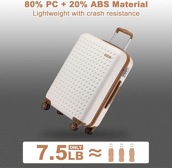 Kono 24 Inch Luggage Medium checked Lightweight Hardside Suitcase with Spinner Wheels & Built-in TSA Lock, Cream White