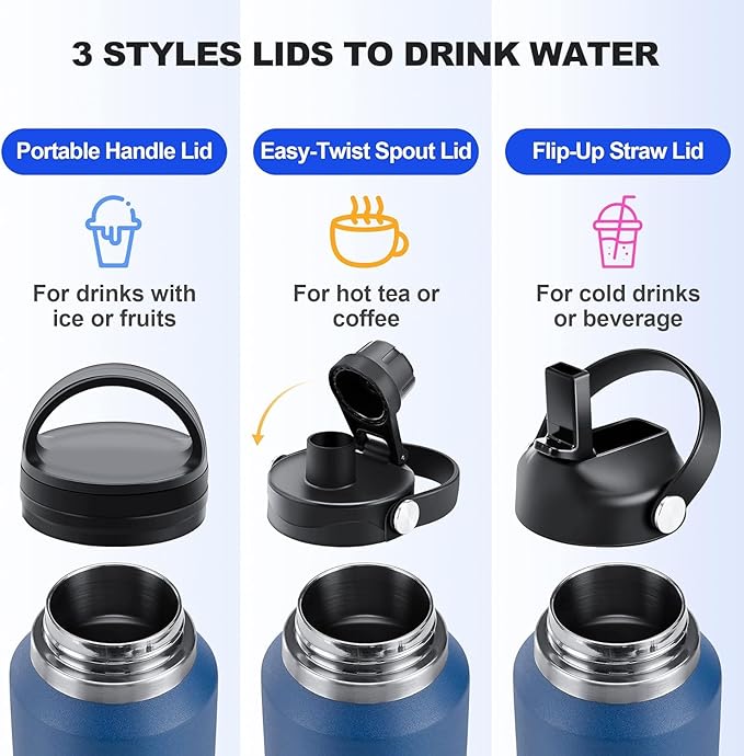 HYDROWION 40 oz Insulated Water Bottle with Straw fit in Car Cup Holder(Cold 48 hrs, Hot 24 hrs) Drinking Bottle with Straw Lid, Spout Lid and Flex Cap Leakproof Travel Thermo Mug,Mint - Black