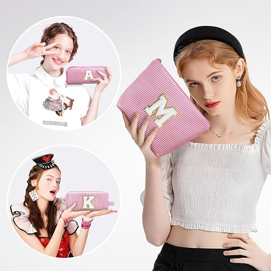YOOLIFE Personalized Makeup Bag for Women - Monogram Cosmetic Bag Travel Toiletry Bag Brush Holder Birthday Gifts for Women Her Wedding Bridesmaid Friend Sister Teacher Wife Grandma Pink Initial E