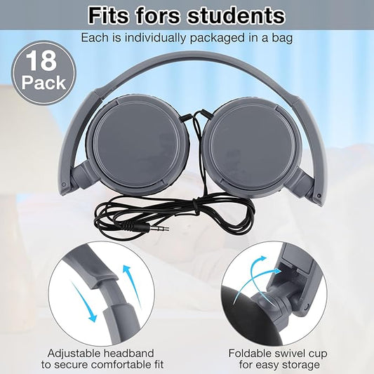 Yunsailing 18 Pack Classroom Headphones Bulk Student Wired Class Headphones Set for School with Individually Wrapped Adjustable Over Ear Head Earbuds (Gray)