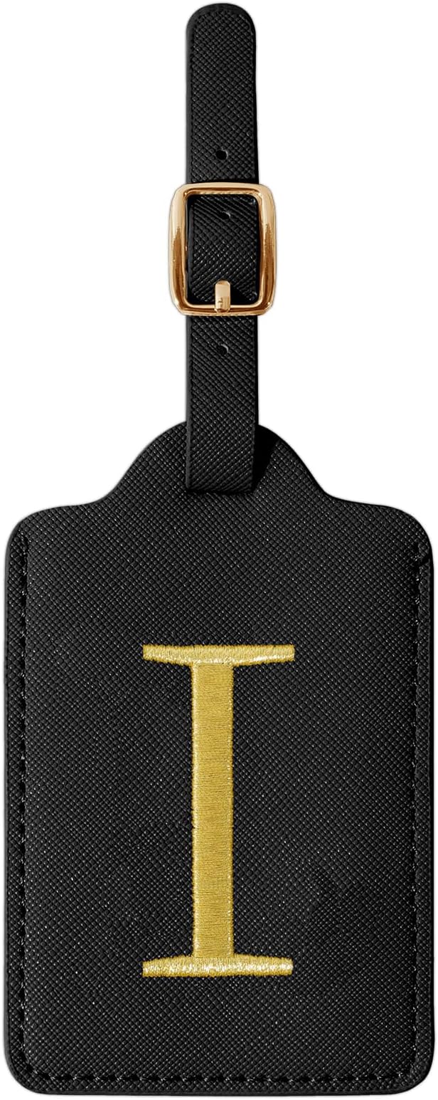 Personalized Initial Luggage Tags for Suitcase TSA Approved, Black Leather Cute Luggage Tag with Privacy Cover Name Card, Embroidered Custom Luggage Tags Travel Backpack Tags Gifts for Women Kids(I)