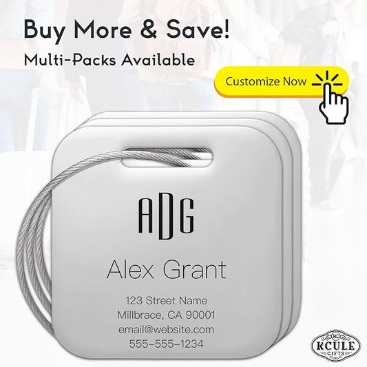 Personalized Luggage Tags for Suitcases - Stainless Steel Custom Luggage Tags for Backpacks & Bags, Sturdy, Waterproof & Heavy Duty (Silver/Square)