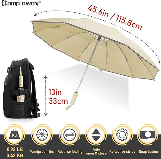 Windproof Travel Umbrella for Rain, Large Portable Reverse Folding Car Umbrella, Inverted Design, Compact Auto Open Close with Durable Waterproof Canopy, Fits Backpack/Women Men, 45.6 Inch